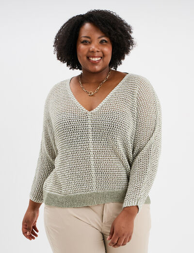Pull col en V ajouré ecru femme grande taille