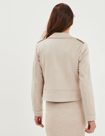 Veste courte esprit biker effet suédine beige femme