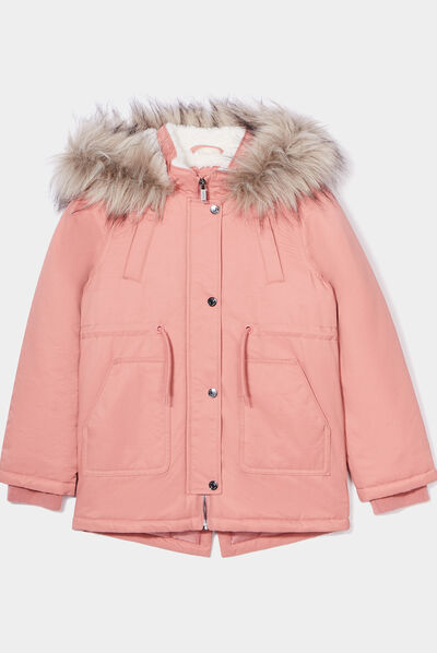 Parka à capuche avec fourrure vieux rose fille