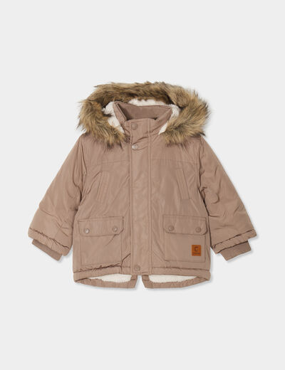 Parka doublée effet sherpa à capuche taupe bébé garçon