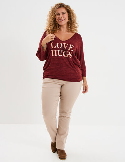Pull manches 3/4 chauve-souris col V bordeaux femme grande taille