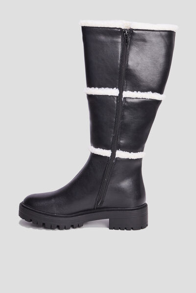 Bottes bandes imitation laine mouton noir femme