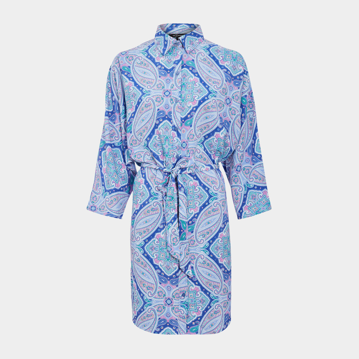 Robe chemise droite fluide ceinturée bleu femme