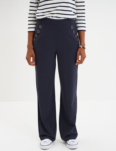 Pantalon droit à pont taille élastiquée bleu foncé femme