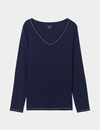 T-shirt manches longues col en V coton bleu marine femme