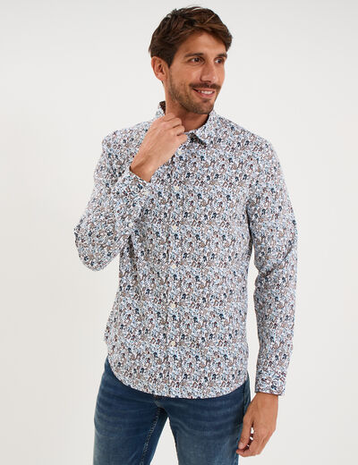 Chemise droite imprim&eacute;e manches longues ecru homme