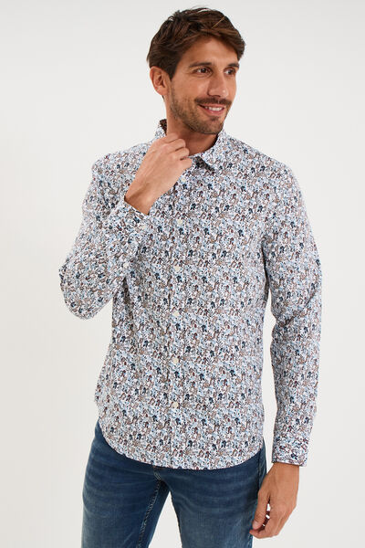 Chemise droite imprim&eacute;e manches longues ecru homme