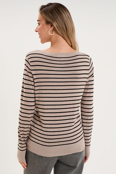 Pull col en V manches longues beige clair femme