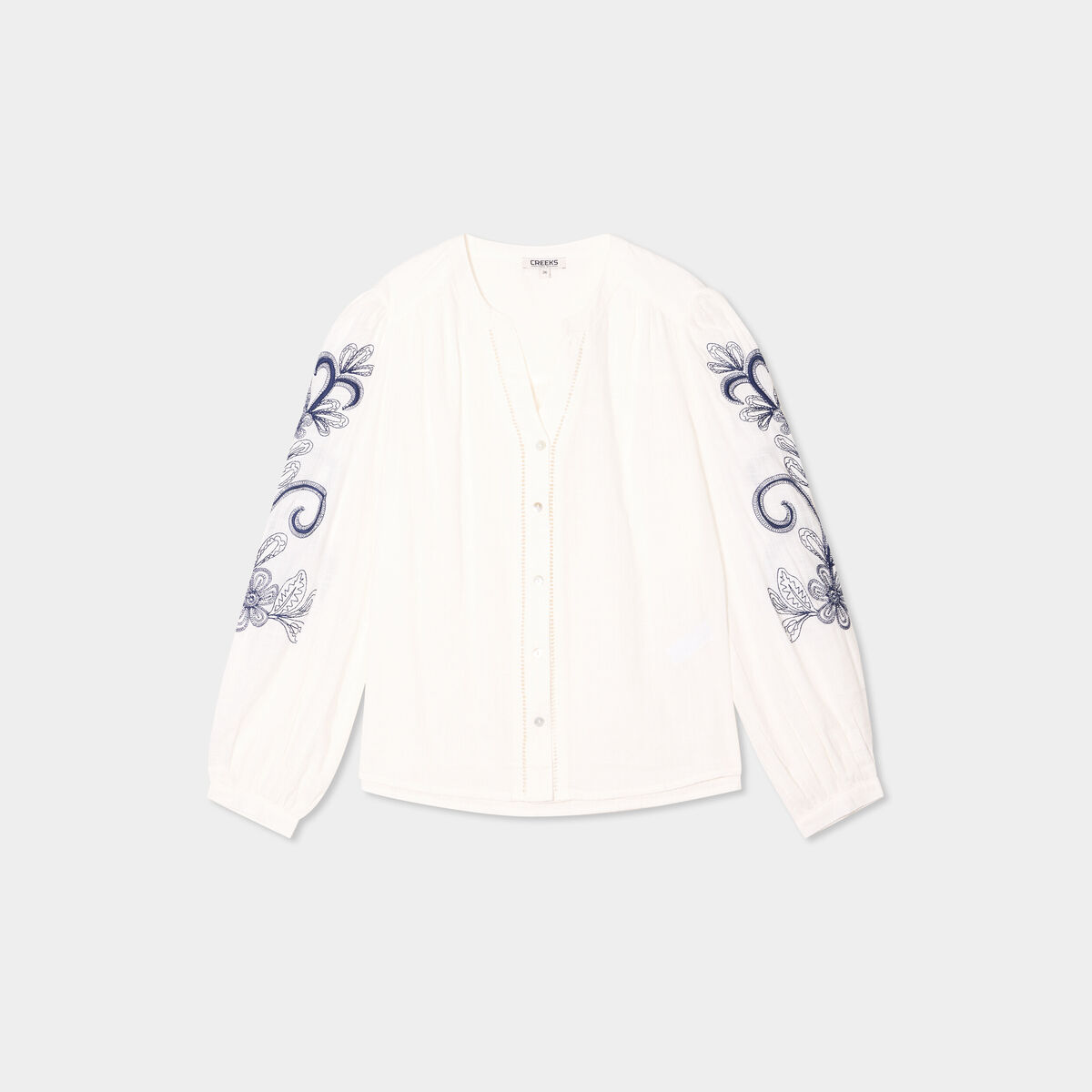 Blouse col tunisien manches brodées ecru femme