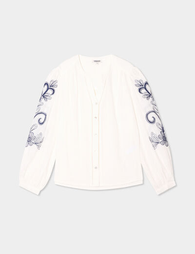 Blouse col tunisien manches brodées ecru femme