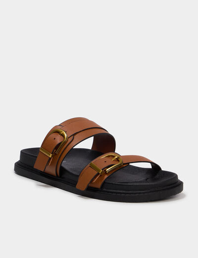 Mules doubles brides &agrave; boucles marron femme