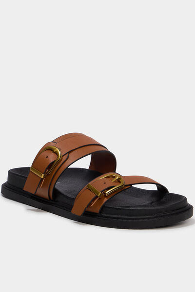 Mules doubles brides &agrave; boucles marron femme