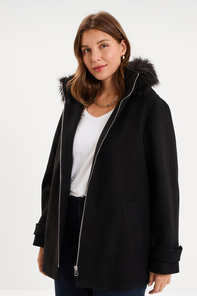 Manteau zipp&eacute; capuche fausse fourrure noir femme grande taille