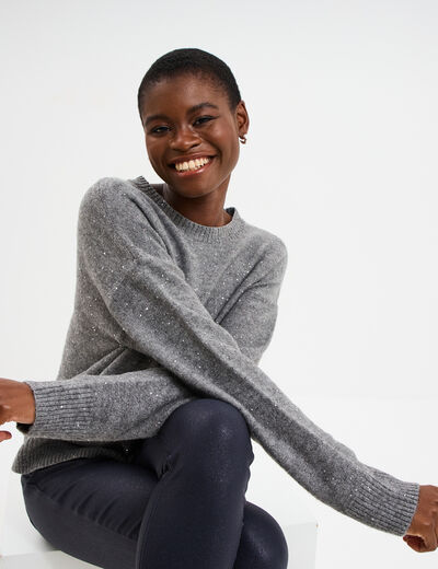 Pull col rond paillettes fils m&eacute;tallis&eacute;s gris femme