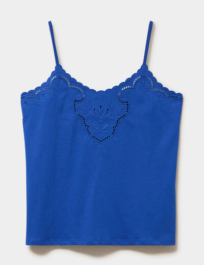 D&eacute;bardeur avec broderie anglaise coton bleu electrique femme