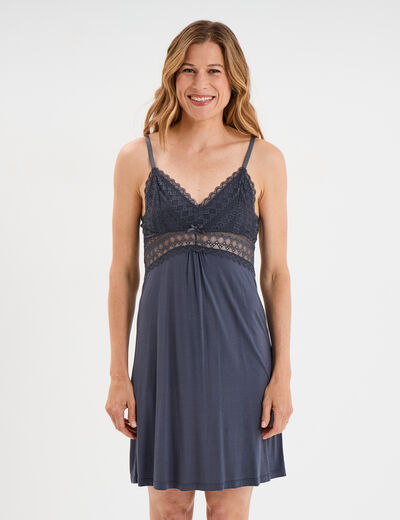 Nuisette courte avec dentelle bleu gris femme