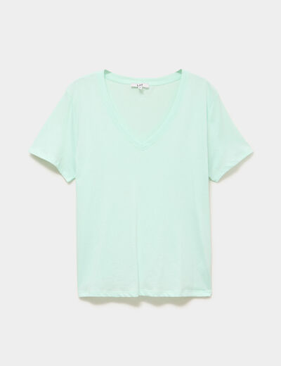 T-shirt manches courtes col en V coton vert clair femme