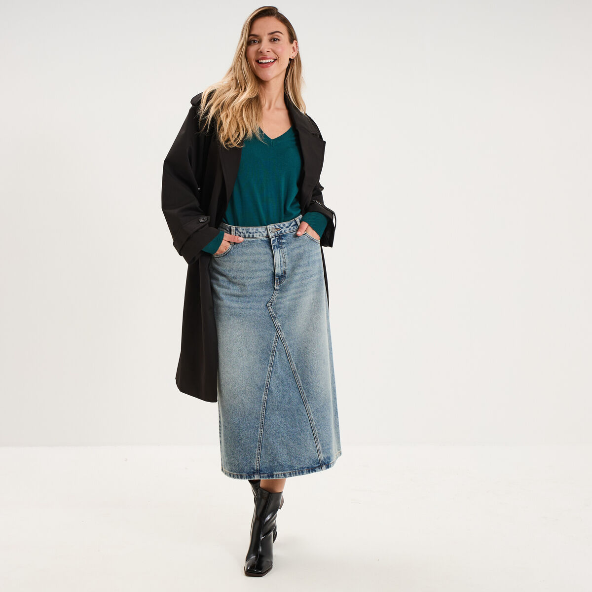 Jupe en jean longue droite coton denim dirty femme