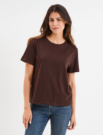 T-shirt col rond manches courtes coton marron foncé femme