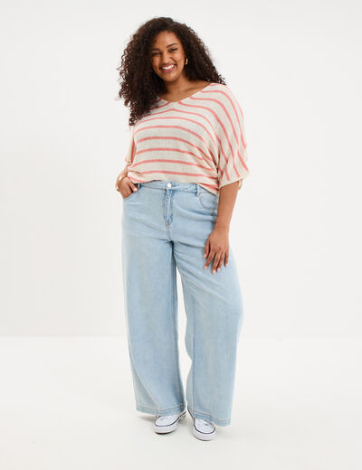 Pull manches 3/4 col en V blanc femme grande taille