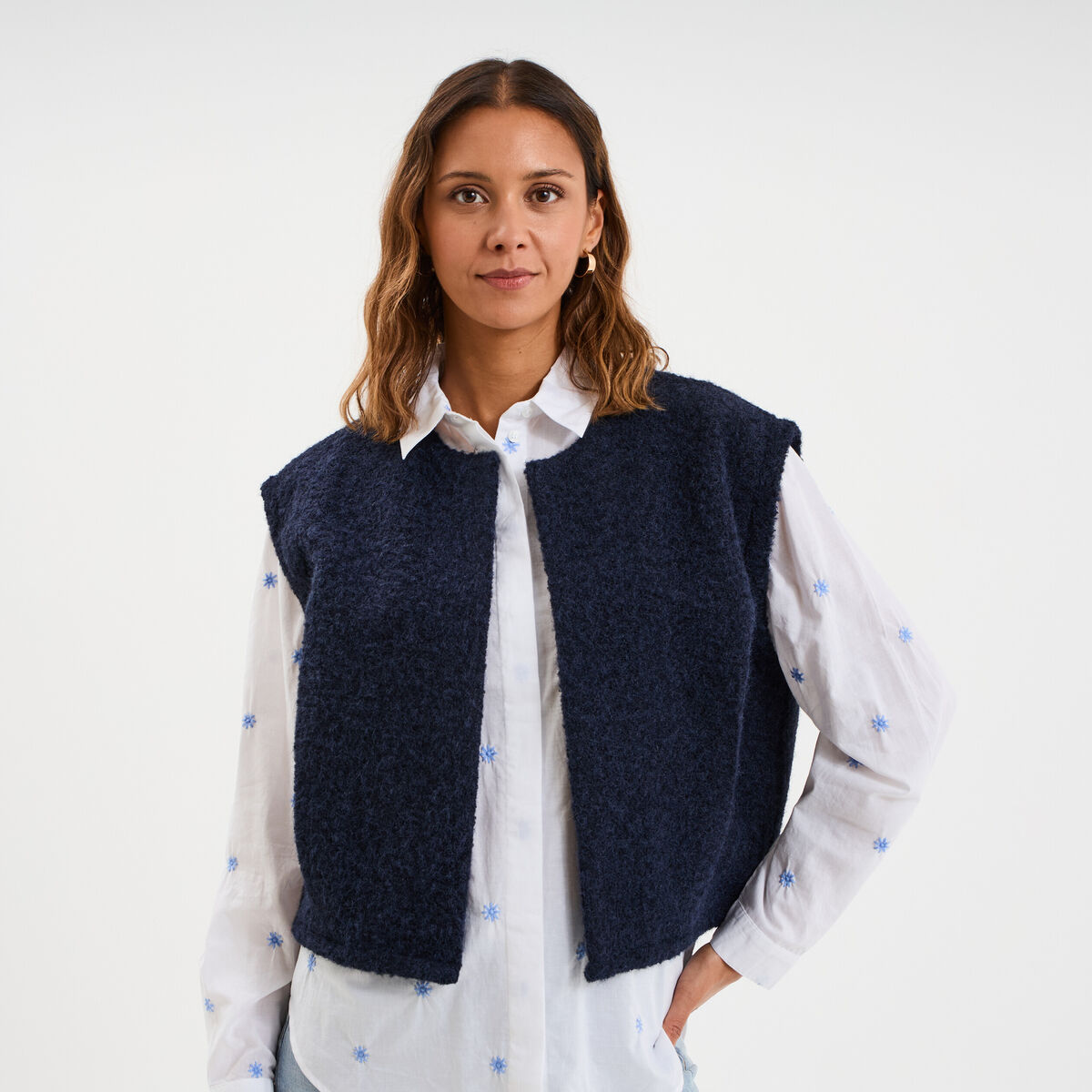 Veste sans manches bleu fonc&eacute; femme
