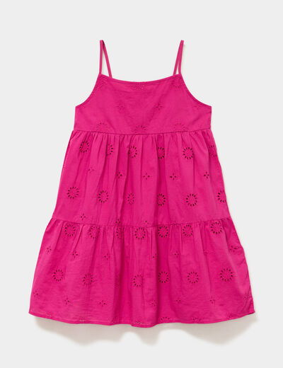 Robe broderie anglaise &agrave; bretelles coton rose fushia fille