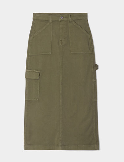 Jupe midi droite 5 poches vert kaki femme