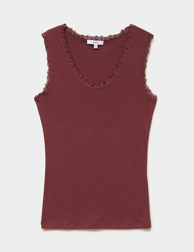 D&eacute;bardeur coton bords dentelle bordeaux femme