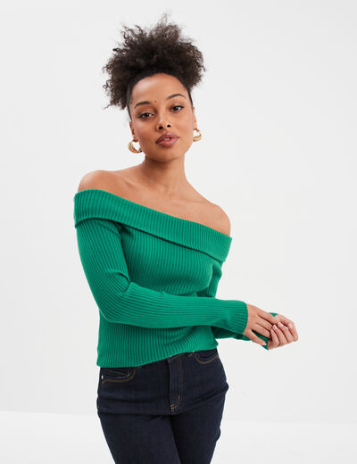 Pull côtelé col bardot manches longues vert femme