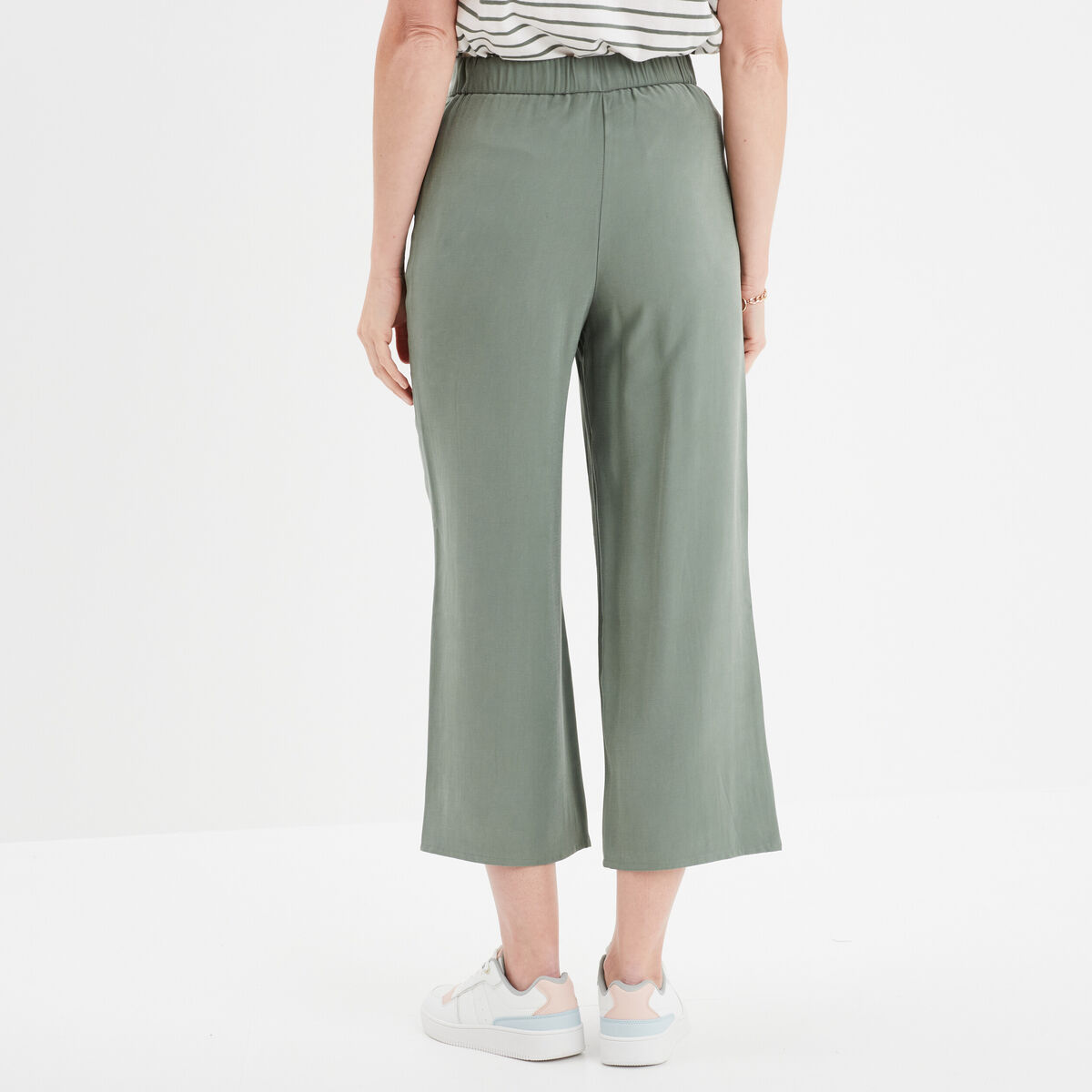 Pantalon large fluide taille élastiquée vert kaki femme