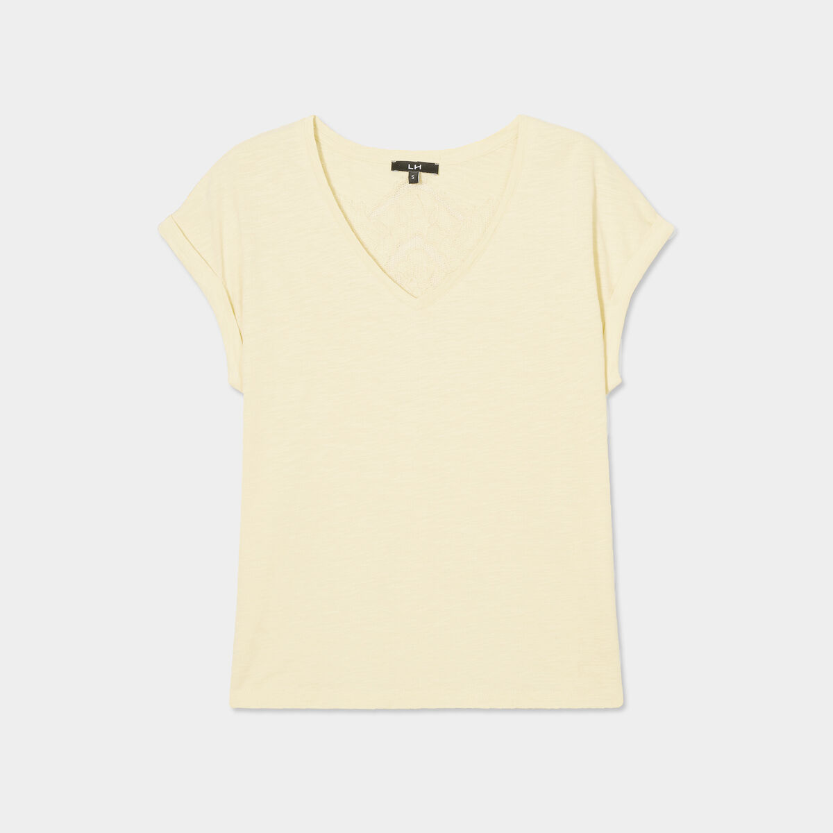 T-shirt dos dentelle brod&eacute;e coton jaune clair femme