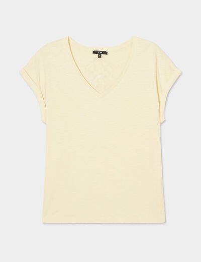 T-shirt dos dentelle brodée coton jaune clair femme