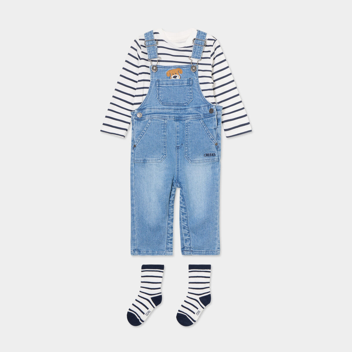 Ensemble 3 pi&egrave;ces salopette jean Creeks bleu marine b&eacute;b&eacute; gar&ccedil;on