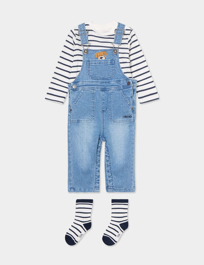 Ensemble 3 pièces salopette jean Creeks bleu marine bébé garçon