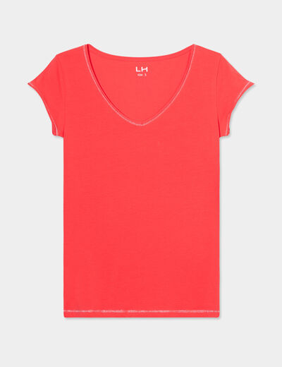 T-shirt col V ajusté manches courtes rouge femme