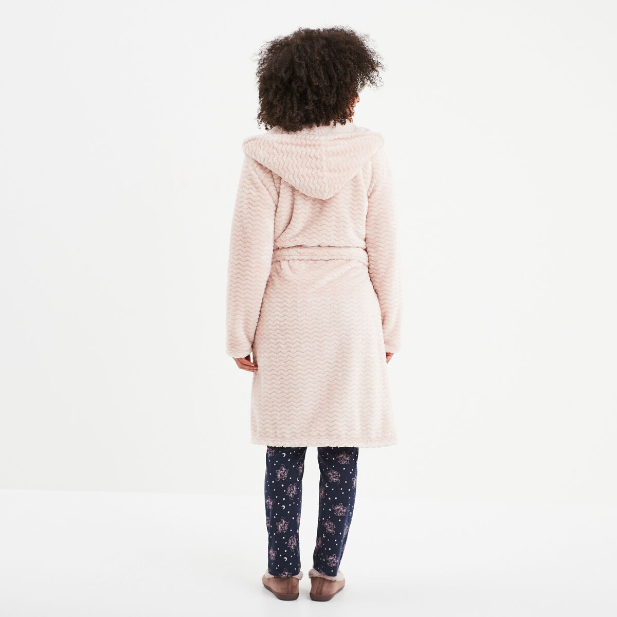 Peignoir long effet polaire &agrave; capuche vieux rose femme