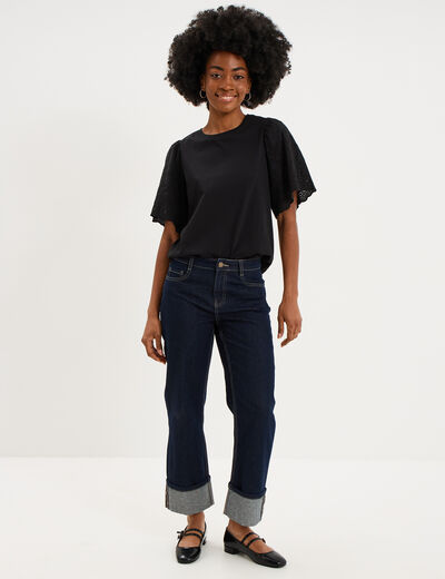 T-shirt manches broderie anglaise coton noir femme