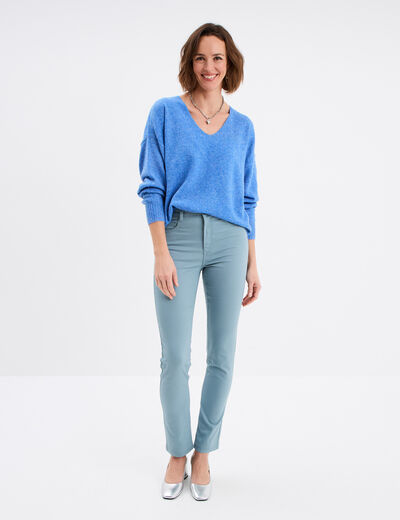 Pull col en V manches longues bleu femme