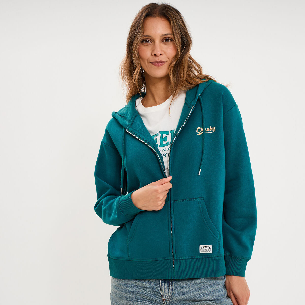 Sweat zipp&eacute; &agrave; capuche vert fonc&eacute; femme