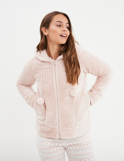 Veste de pyjama effet velours &agrave; capuche vieux rose femme