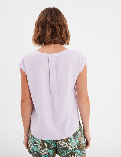 Blouse col V manches courtes lin mélangé violet clair femme