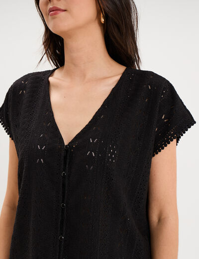 T-shirt broderie anglaise col en V noir femme