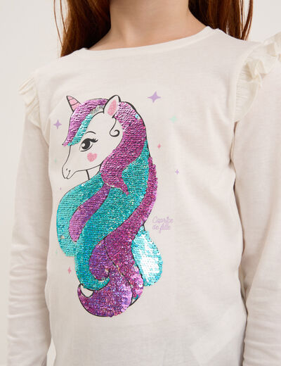 T-shirt à sequins manches longues coton ivoire fille