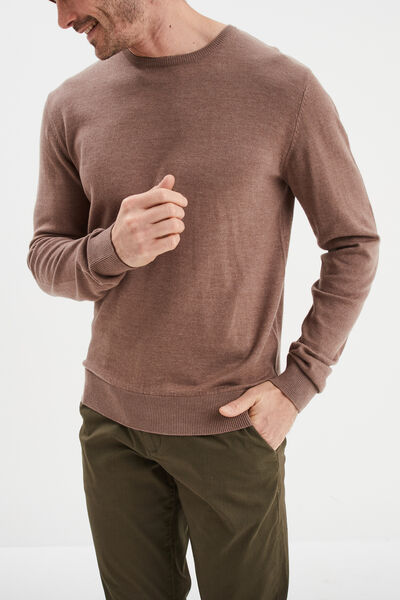 Pull droit col rond coton m&eacute;lang&eacute; gris homme