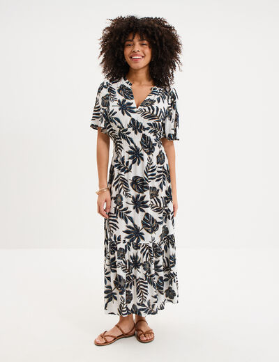 Robe longue col tunisien manches courtes ecru femme