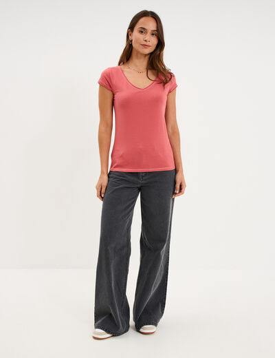 T-shirt col V ajust&eacute; manches courtes vieux rose femme