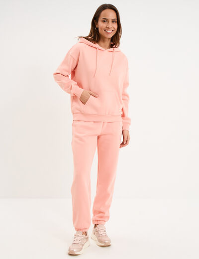 Pantalon jogging droit molleton rose poudr&eacute;e femme