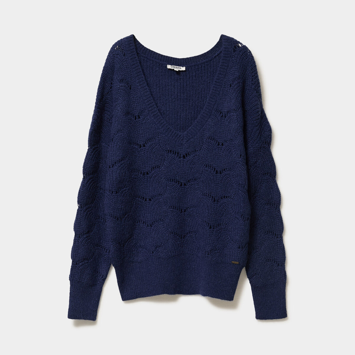 Pull ajour&eacute; col en V manches longues bleu femme