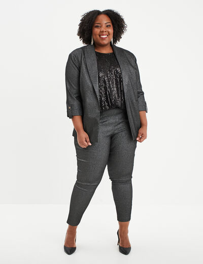 Pantalon slim stretch fils métallisés gris argent femme grande taille