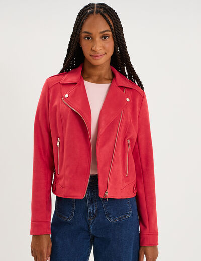 Veste biker effet su&eacute;dine rouge femme